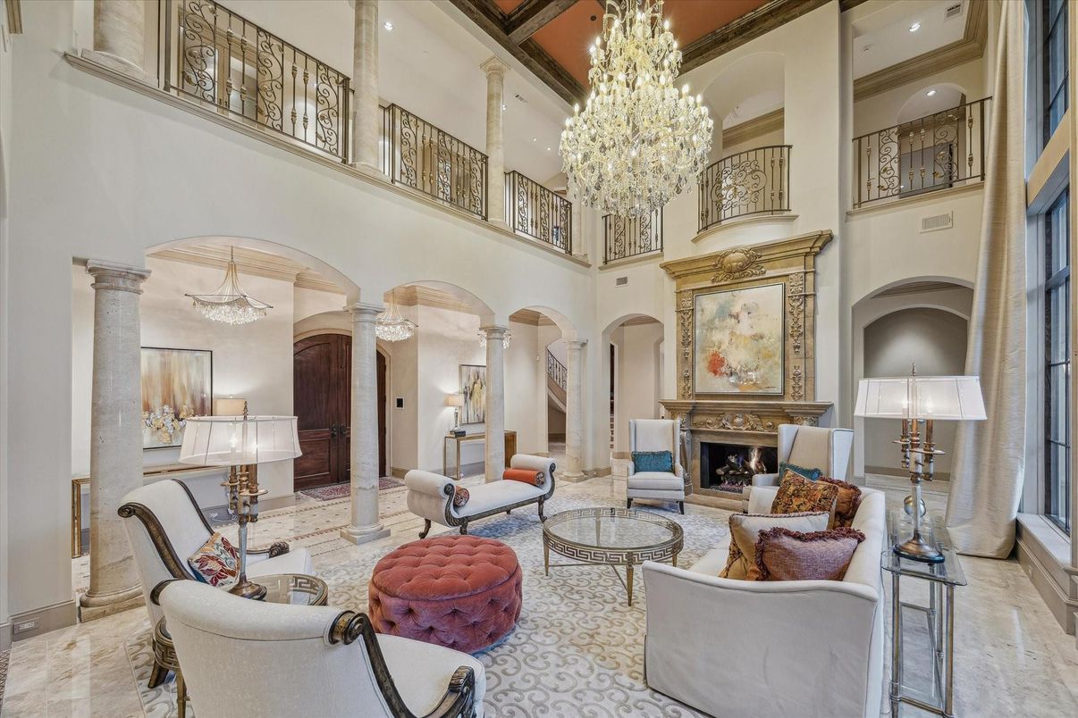 Chandelier, Fireplace, Interior, Living room, Recessed Lighting