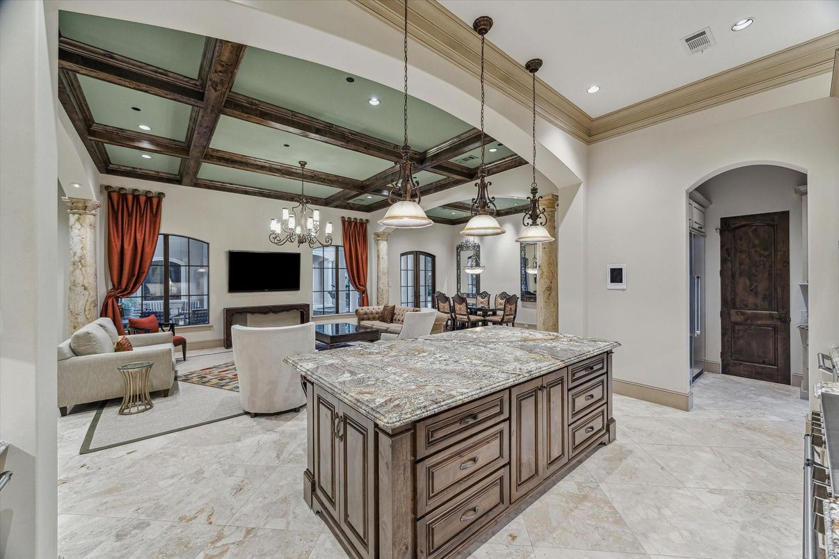 Chandelier, Dining room, Interior, Living room, Pendant Lights, Recessed Lighting, Wooden Beams