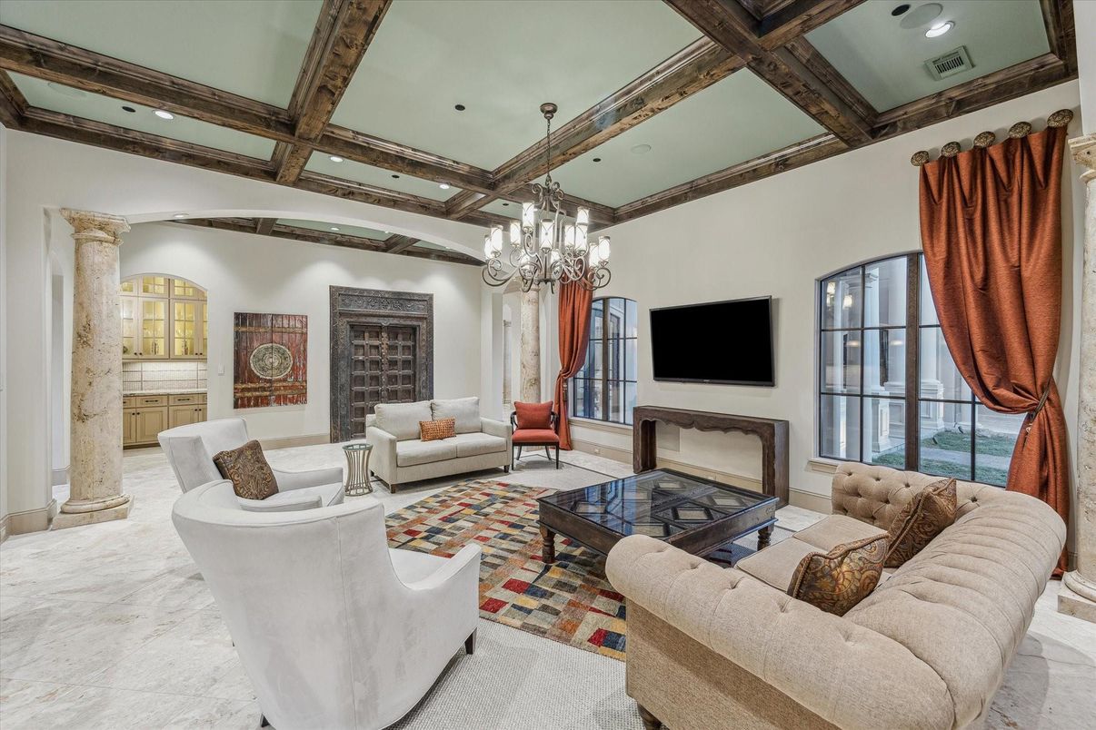 Chandelier, Fireplace, Interior, Living room, Recessed Lighting, Wooden Beams