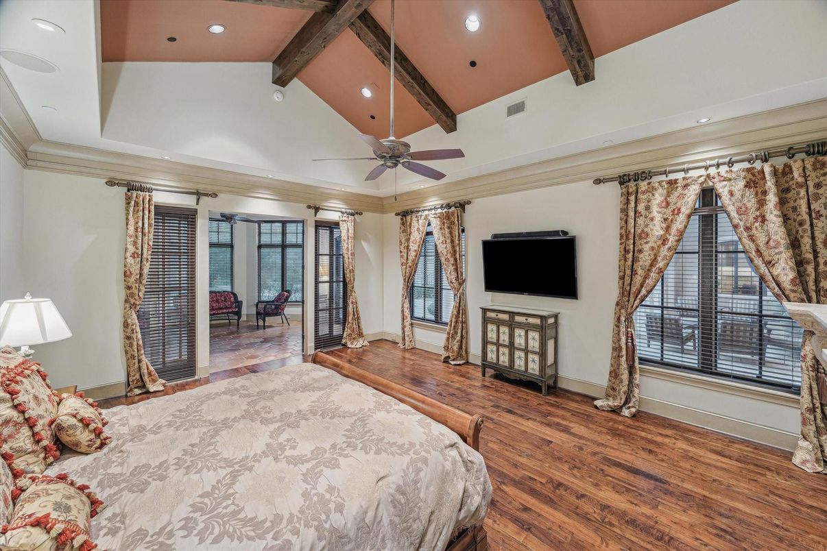 Bedroom, Interior, Recessed Lighting, Wooden Beams, Wood Texture Flooring