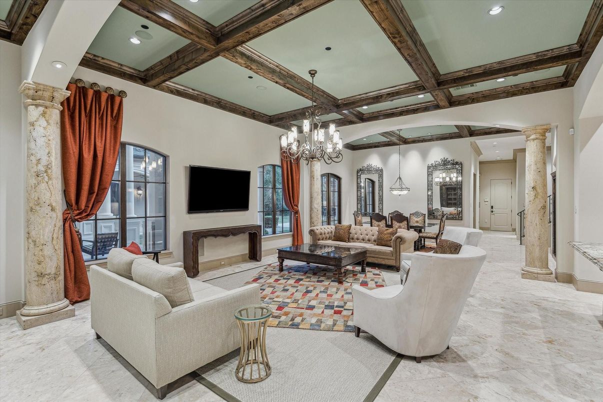 Chandelier, Interior, Living room, Recessed Lighting, Wooden Beams