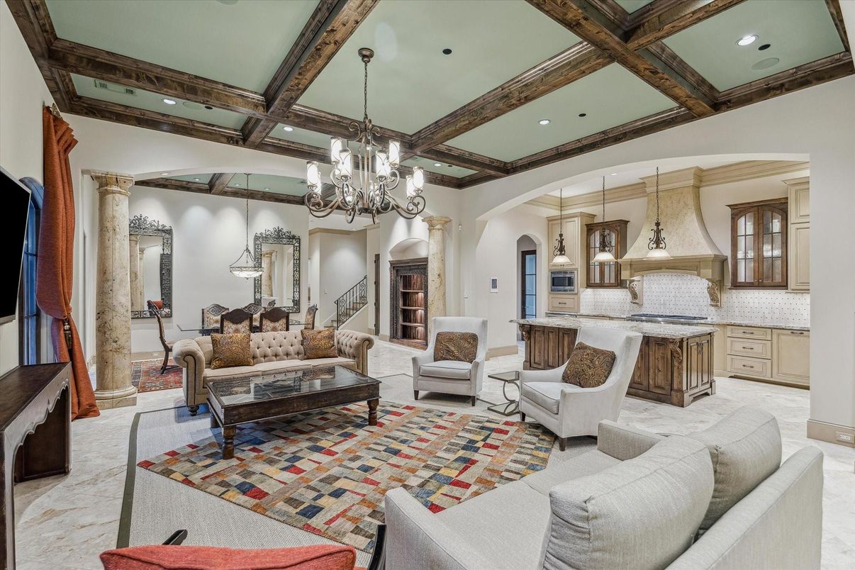 Chandelier, Interior, Kitchen, Living room, Pendant Lights, Recessed Lighting, Stainless Steel Appliances, Wooden Beams