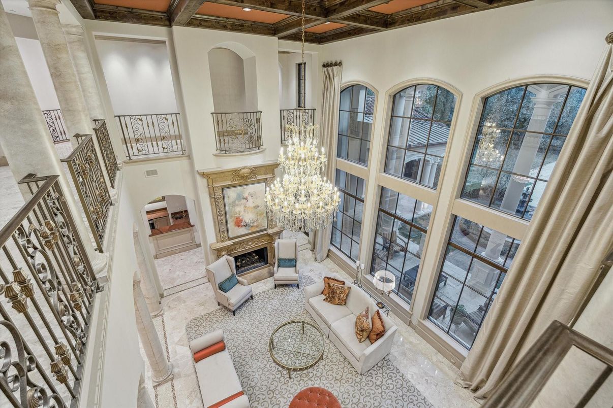 Chandelier, Fireplace, Interior, Living room, Recessed Lighting, Wooden Beams