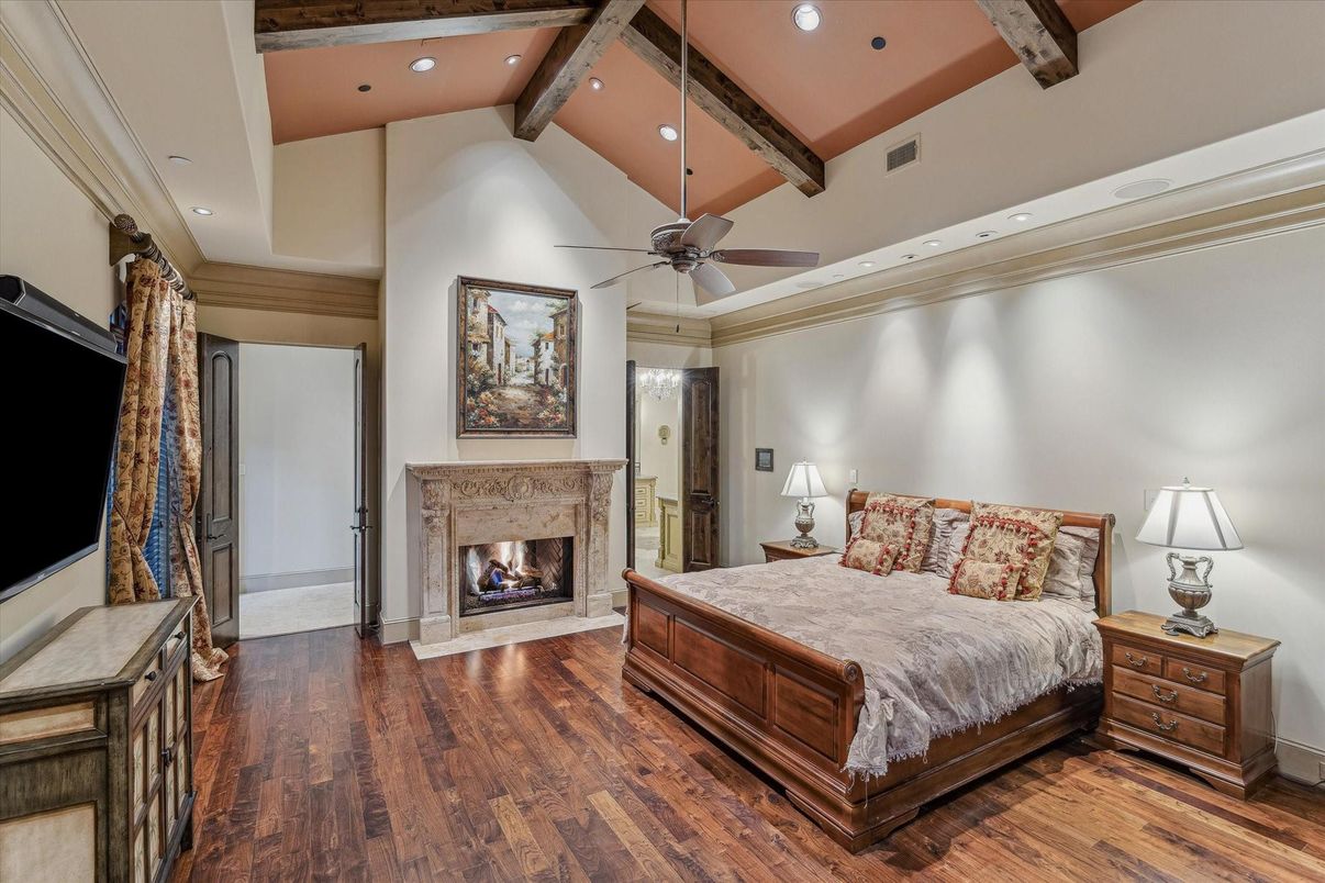 Bedroom, Fireplace, Interior, Recessed Lighting, Wooden Beams, Wood Texture Flooring