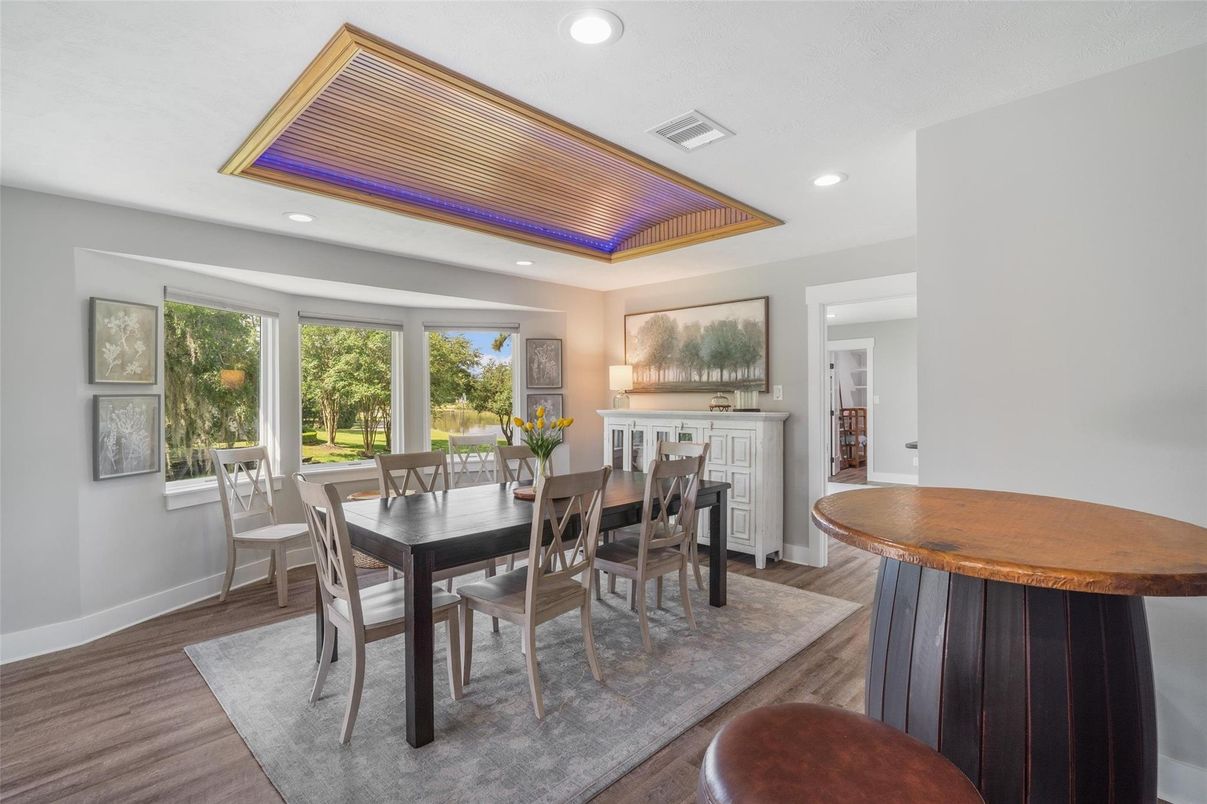 Dining room, Interior, Recessed Lighting, Wood Texture Flooring