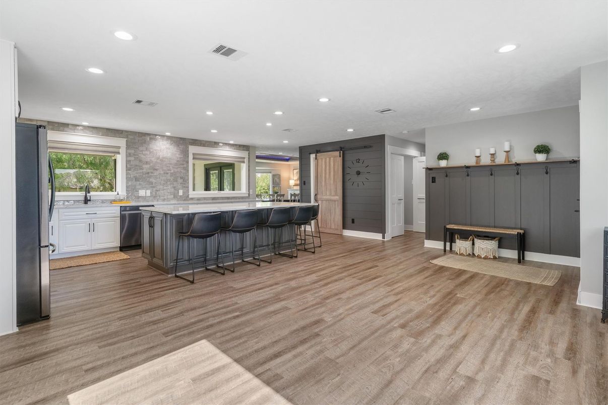 Interior, Kitchen, Recessed Lighting, Wood Texture Flooring