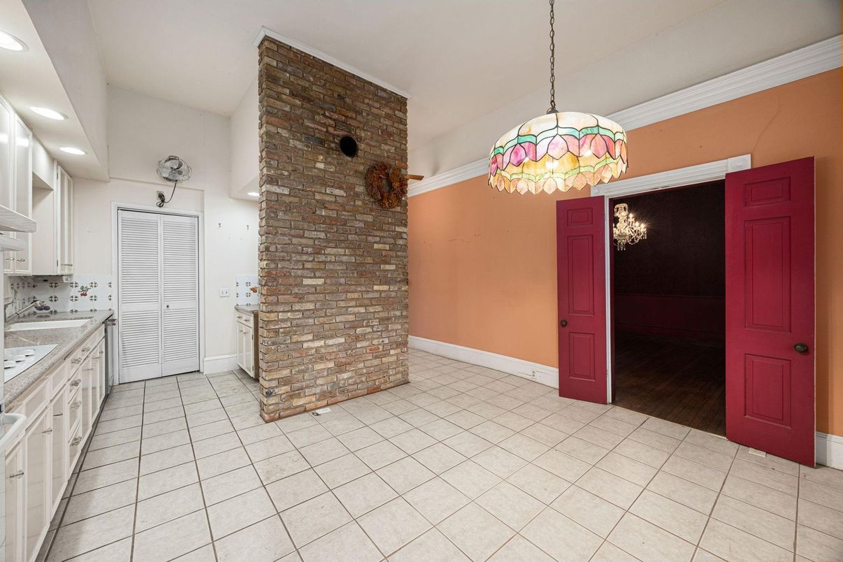 Interior, Kitchen, Pendant Lights, Recessed Lighting, Stone Walls, Wood Texture Flooring