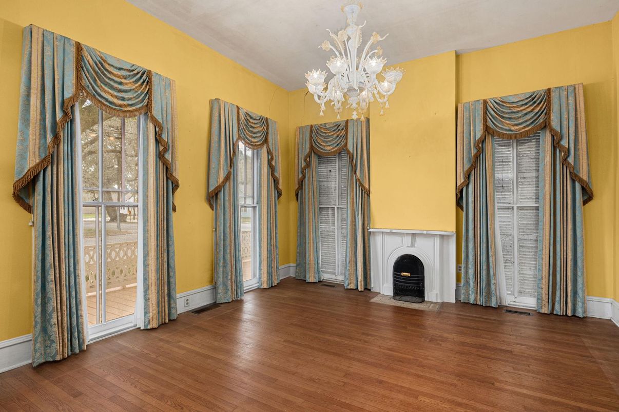 Chandelier, Empty room, Fireplace, Interior, Wood Texture Flooring