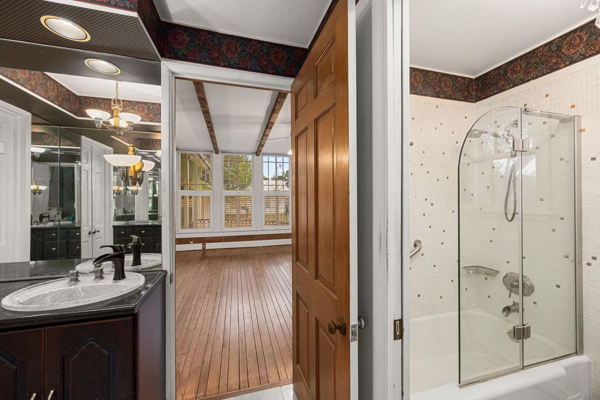 Bathroom, Chandelier, Glass Shower, Interior, Recessed Lighting, Wood Texture Flooring