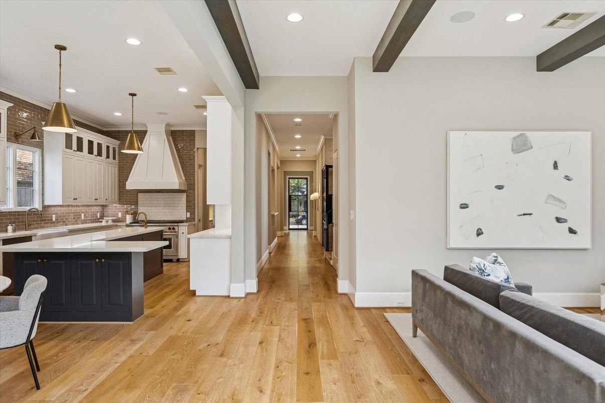 Interior, Kitchen, Pendant Lights, Recessed Lighting, Wooden Beams, Wood Texture Flooring