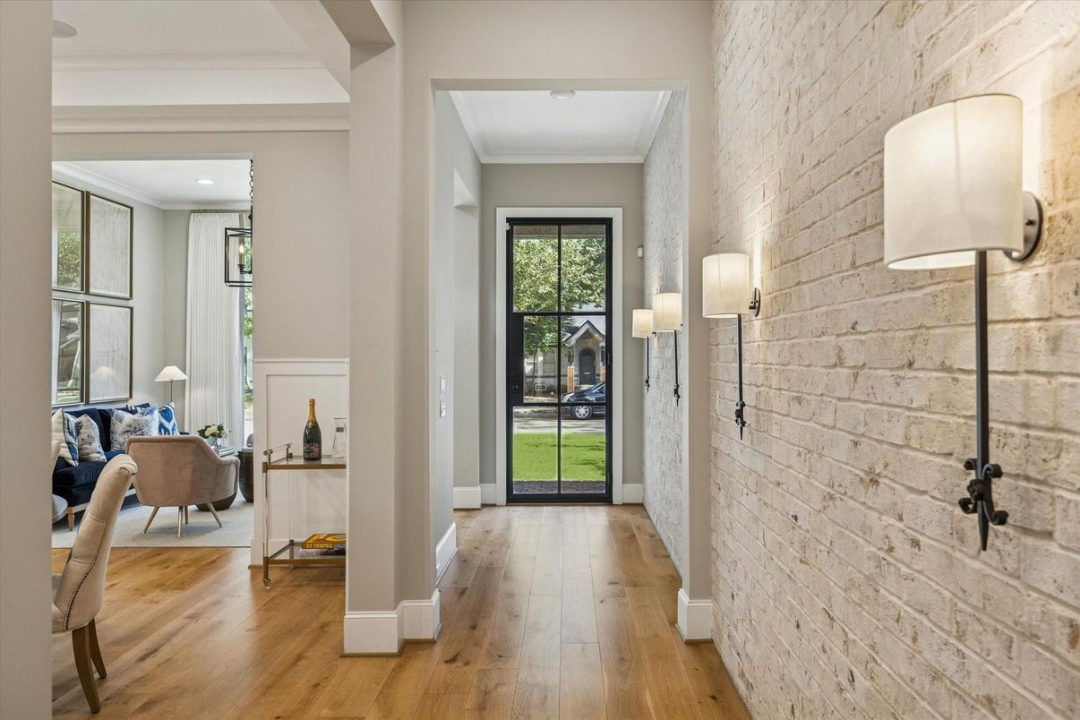 Interior, Recessed Lighting, Stone Walls, Wood Texture Flooring