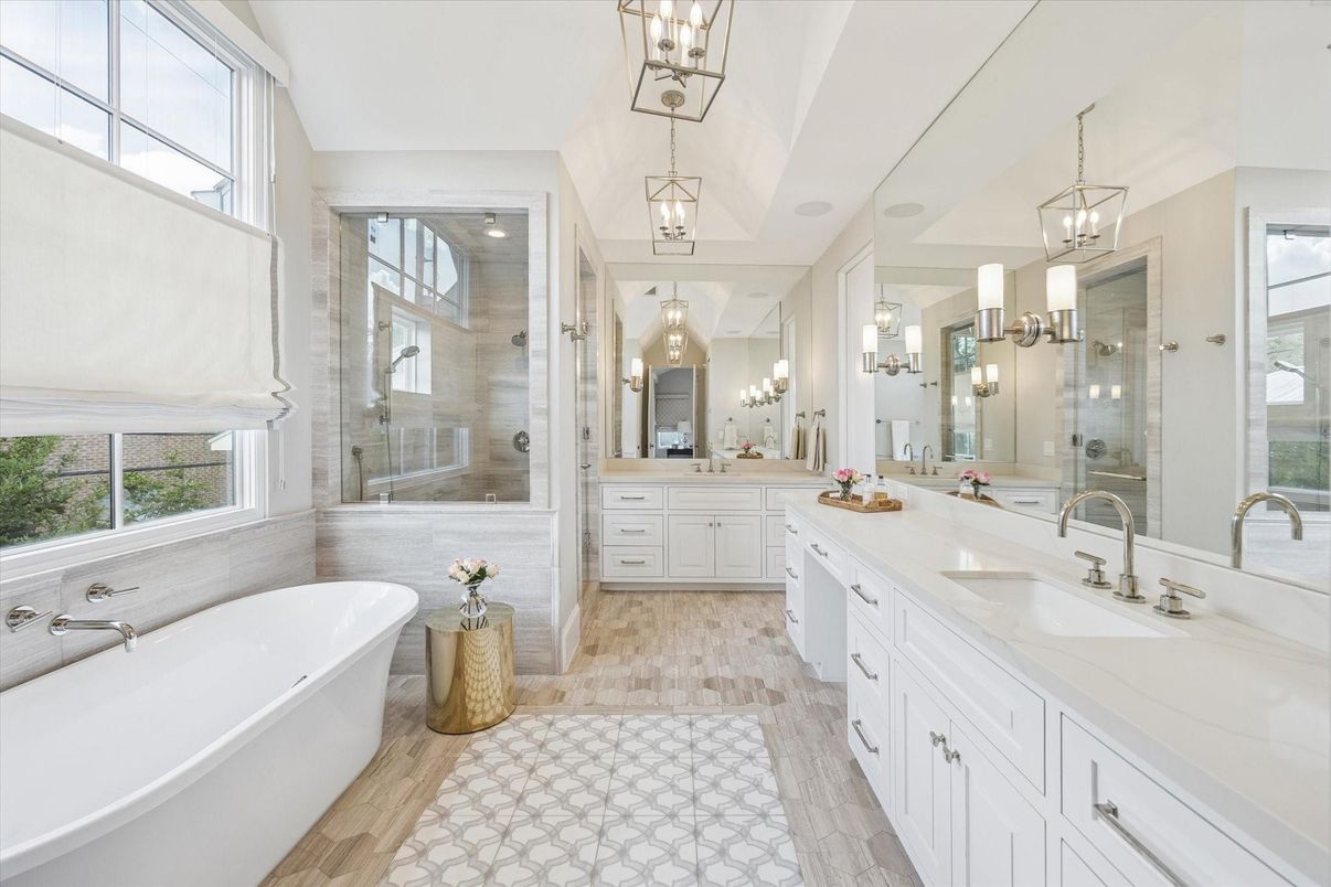 Bathroom, Dual Sink Vanities, Free Standing Baths, Glass Shower, Interior, Pendant Lights