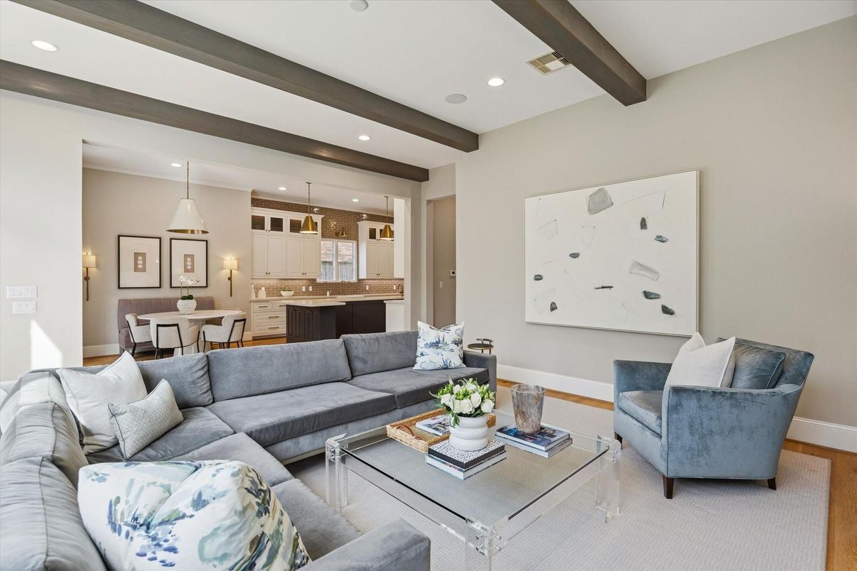 Dining room, Interior, Kitchen, Living room, Pendant Lights, Recessed Lighting, Wooden Beams, Wood Texture Flooring