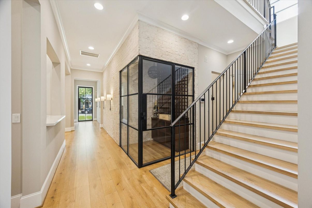 Interior, Recessed Lighting, Stone Walls, Wood Texture Flooring