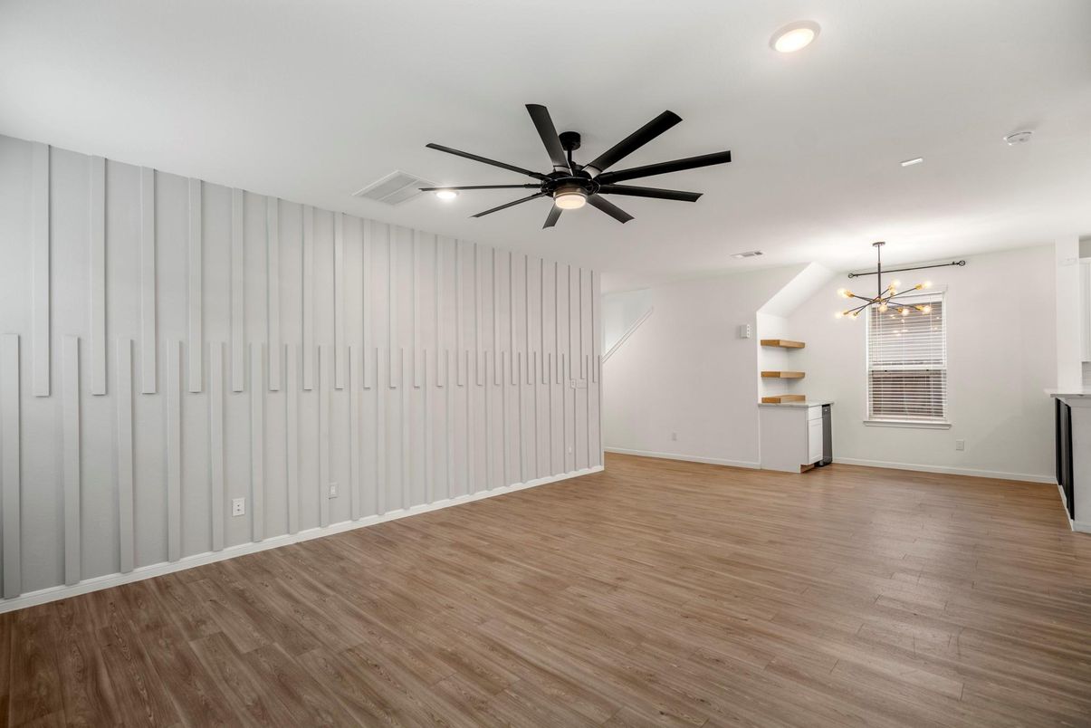 Empty room, Interior, Pendant Lights, Recessed Lighting, Wood Texture Flooring