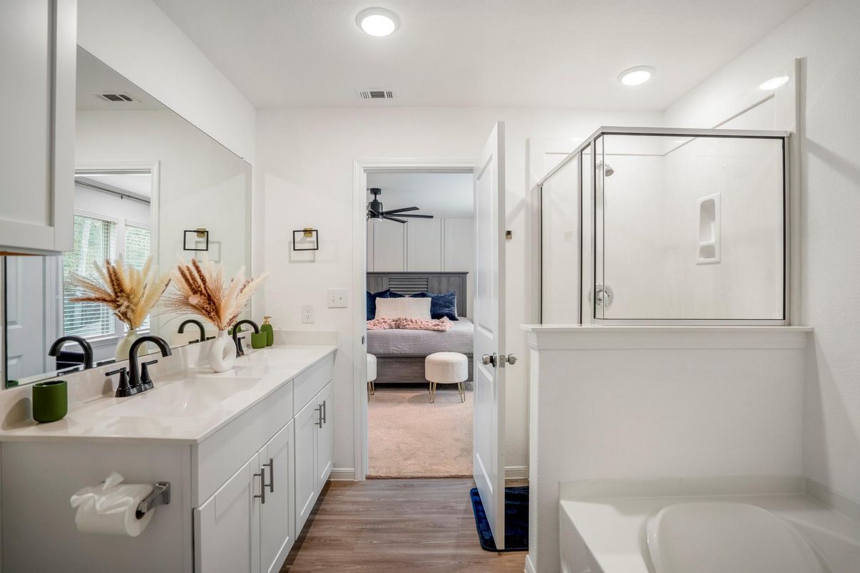 Bathroom, Bedroom, Dual Sink Vanities, Interior, Recessed Lighting, Wood Texture Flooring