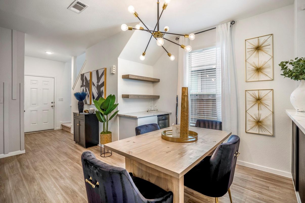 Dining room, Interior, Pendant Lights, Recessed Lighting, Wood Texture Flooring