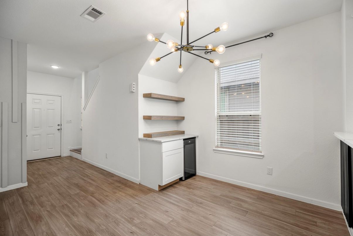 Empty room, Interior, Pendant Lights, Recessed Lighting, Wood Texture Flooring