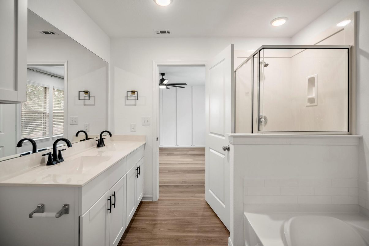 Bathroom, Dual Sink Vanities, Interior, Recessed Lighting, Wood Texture Flooring