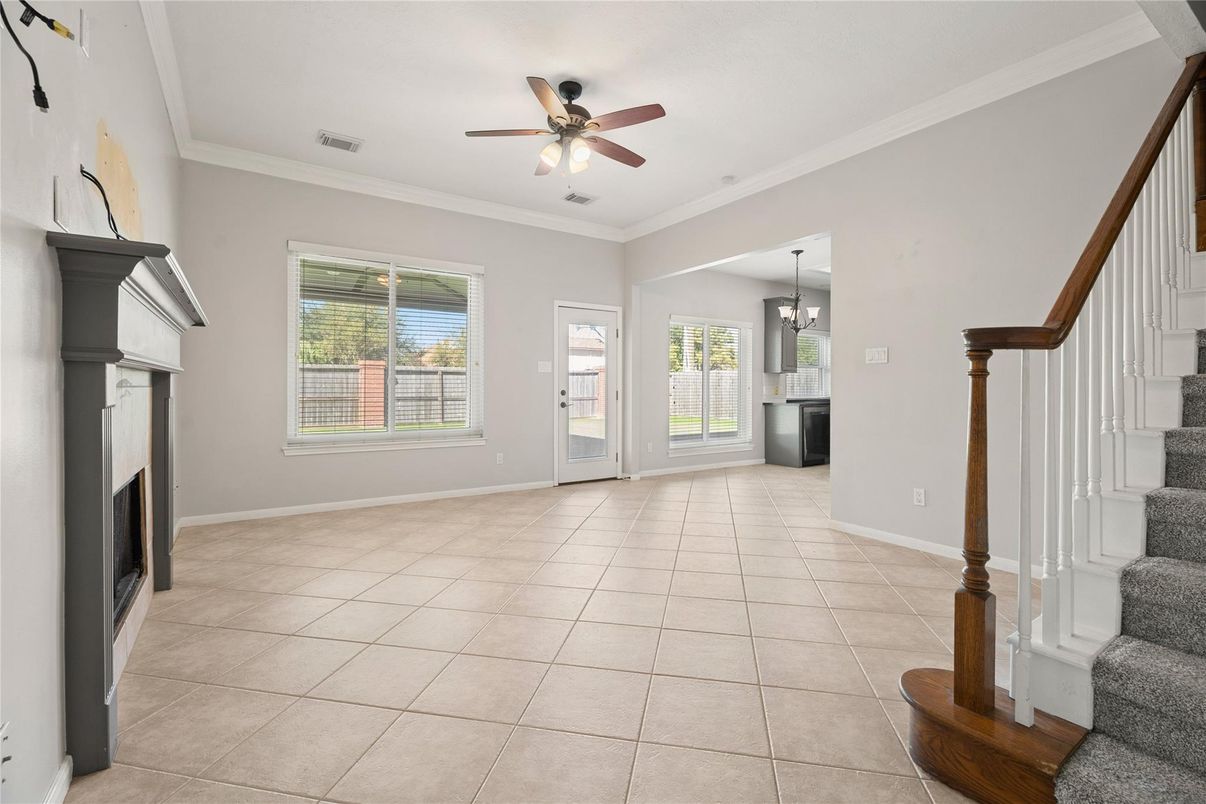 Empty room, Fireplace, Interior, Pendant Lights