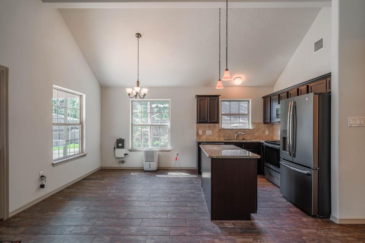 Chandelier, Interior, Kitchen, Pendant Lights, Wood Texture Flooring