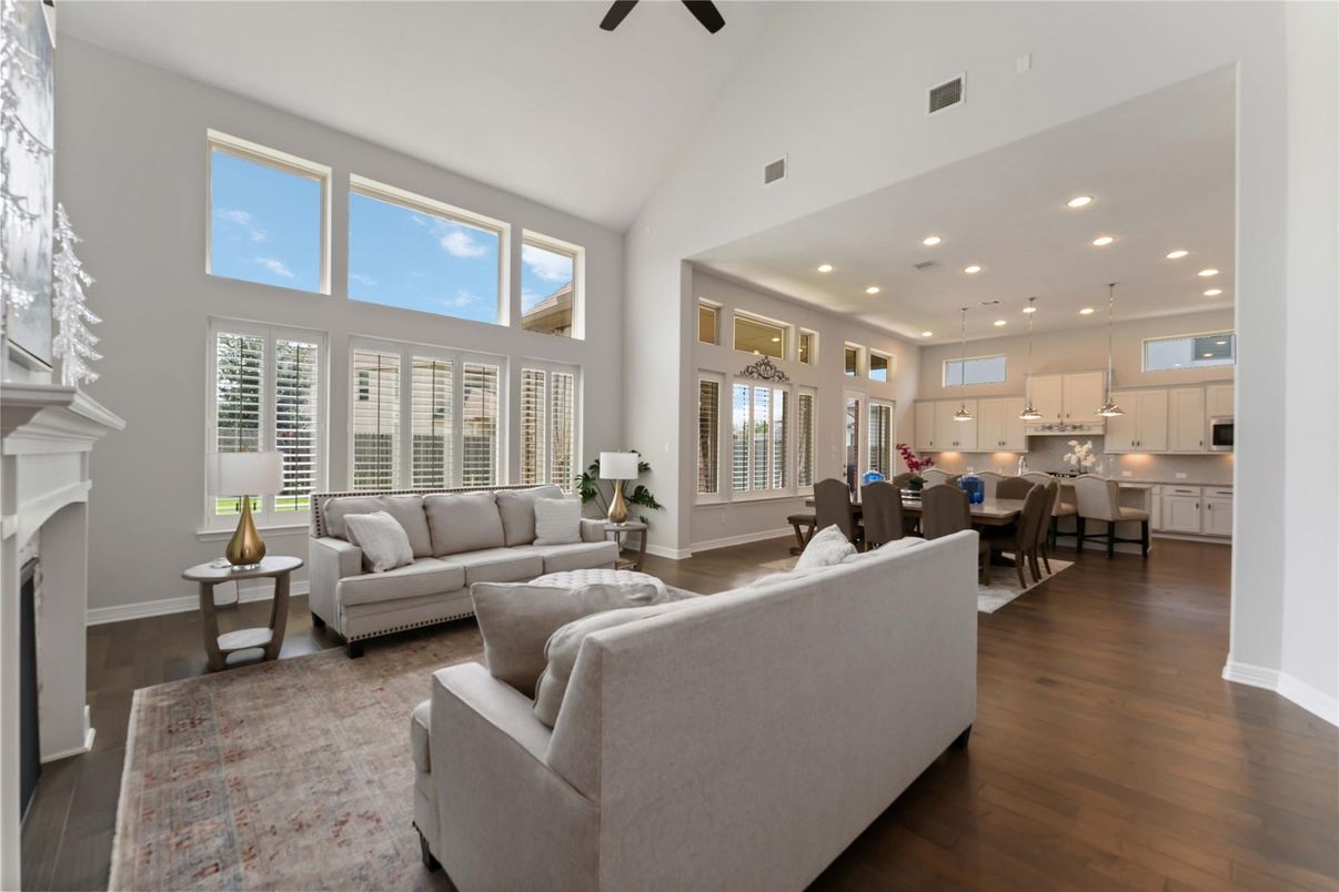 Dining room, Fireplace, Interior, Kitchen, Living room, Pendant Lights, Recessed Lighting, Wood Texture Flooring