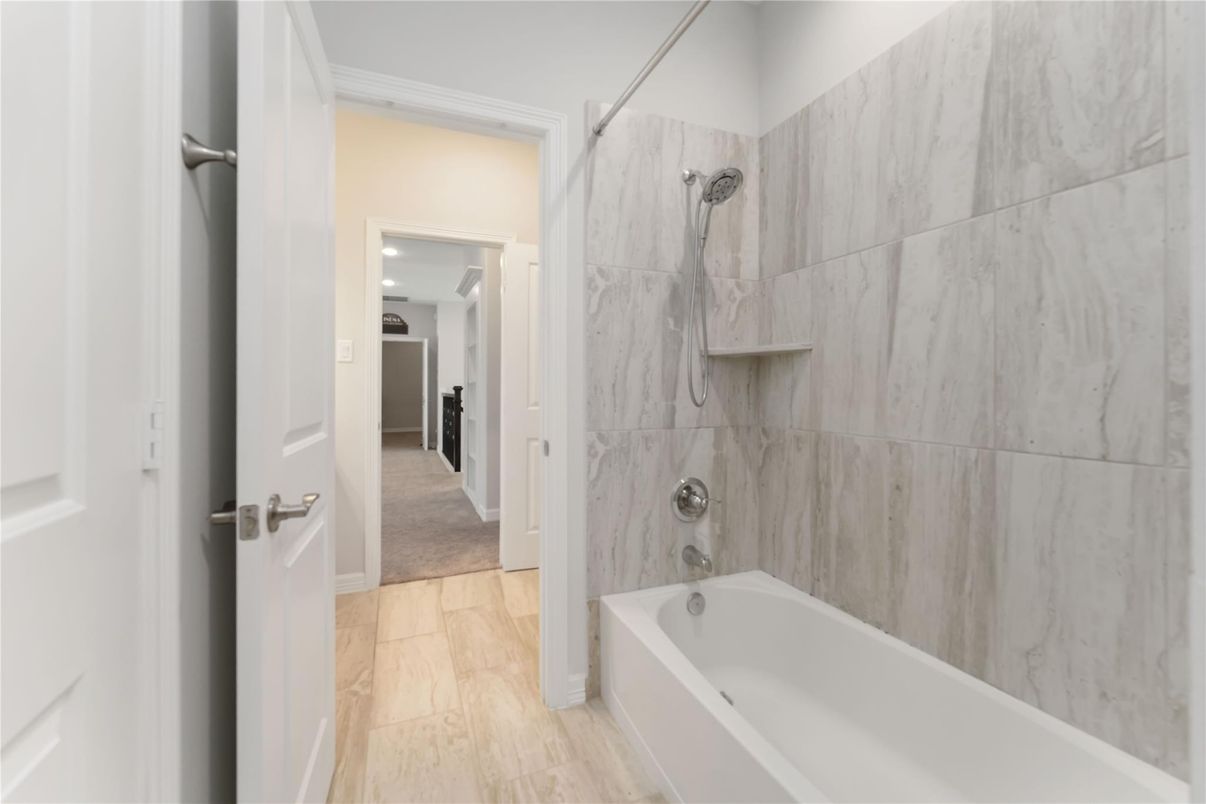 Bathroom, Interior, Marble Walls, Recessed Lighting, Wood Texture Flooring