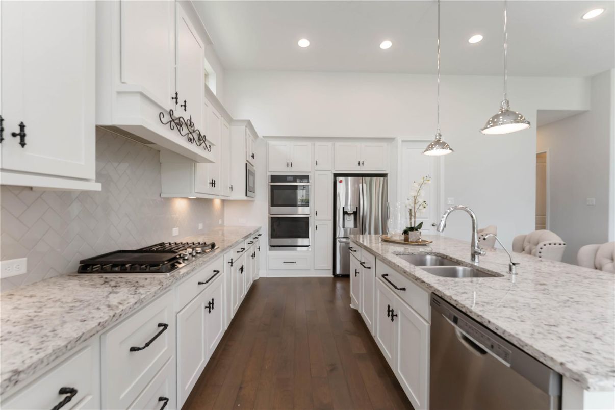 Interior, Kitchen, Pendant Lights, Recessed Lighting, Stainless Steel Appliances, Wood Texture Flooring