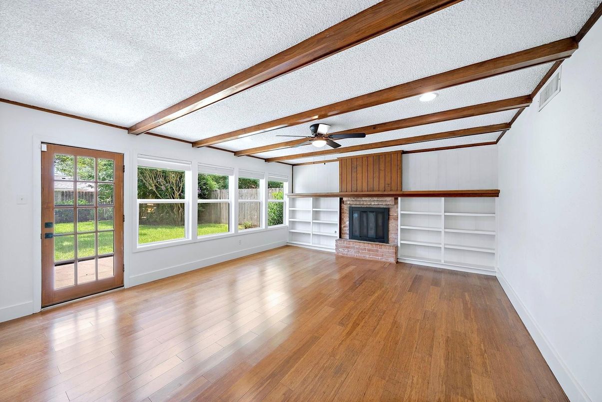Empty room, Fireplace, Interior, Wooden Beams, Wood Texture Flooring
