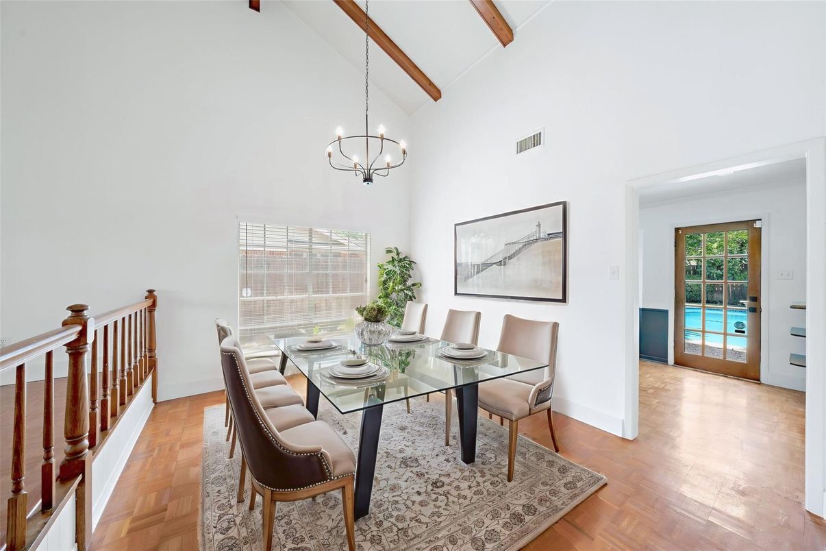 Chandelier, Dining room, Interior, Wooden Beams, Wood Texture Flooring