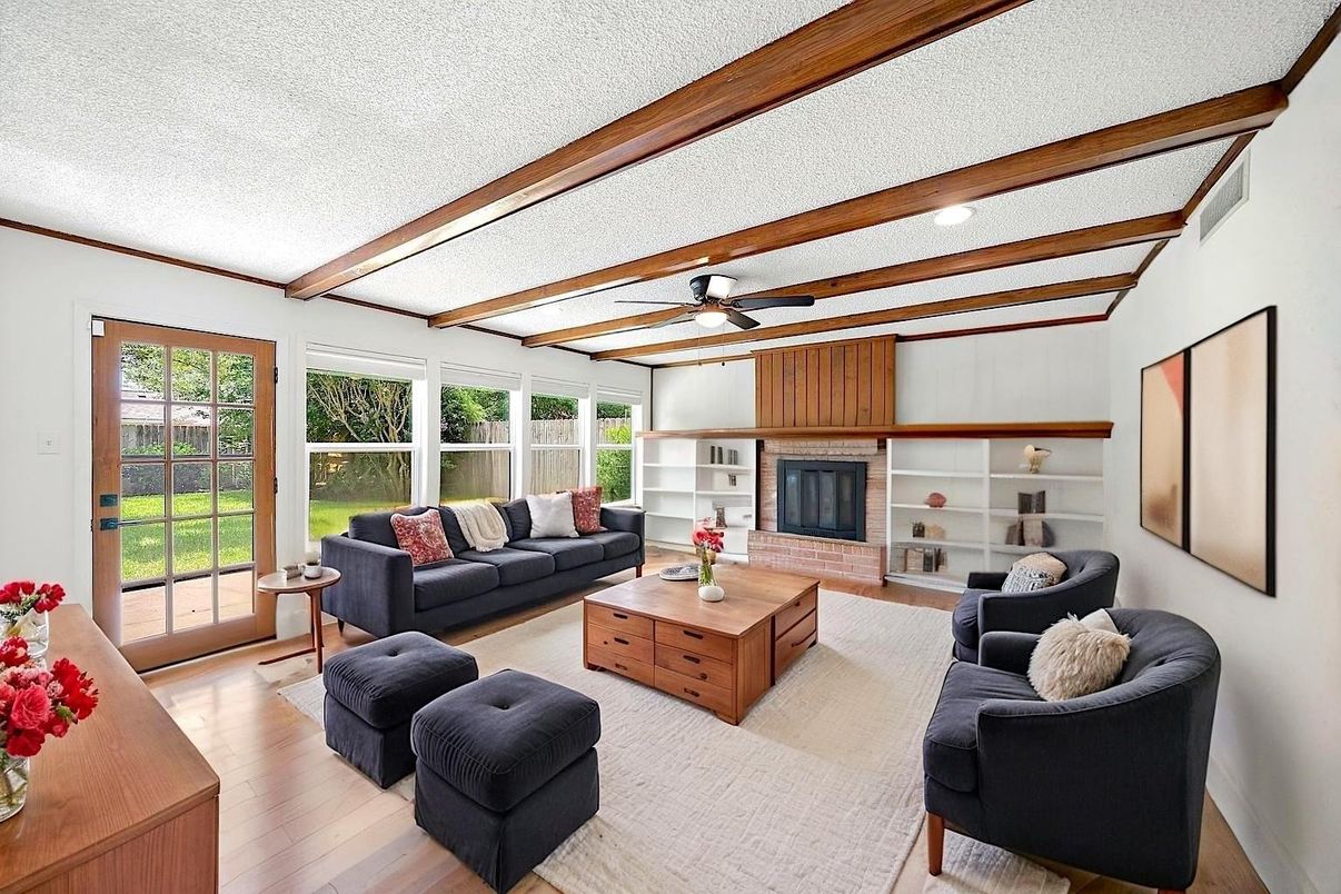 Fireplace, Interior, Living room, Recessed Lighting, Wooden Beams, Wood Texture Flooring