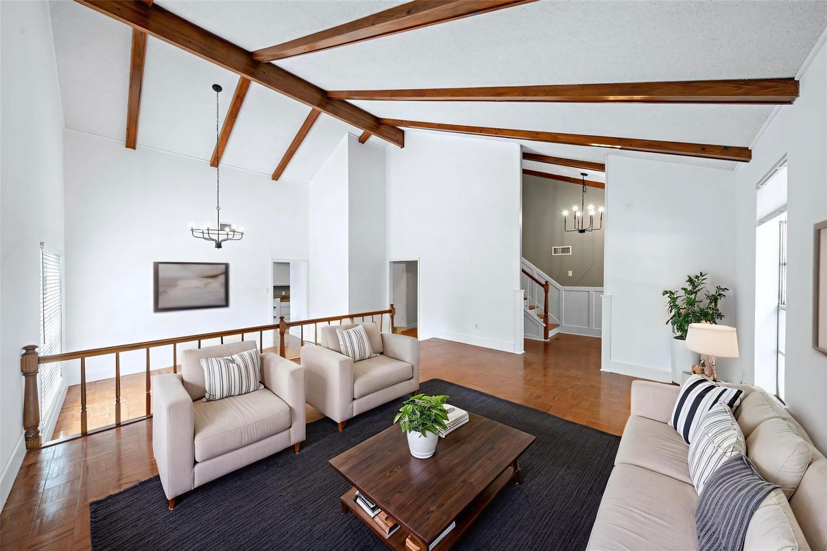 Chandelier, Interior, Living room, Pendant Lights, Wooden Beams, Wood Texture Flooring