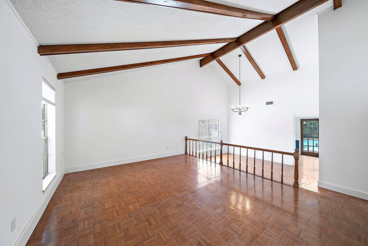 Chandelier, Empty room, Interior, Pendant Lights, Wooden Beams, Wood Texture Flooring