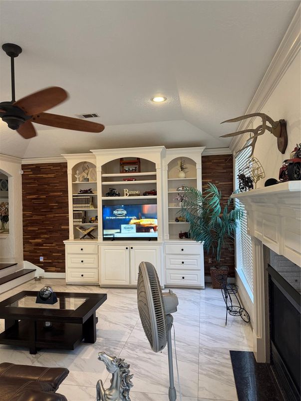 Fireplace, Interior, Living room, Marble, Recessed Lighting