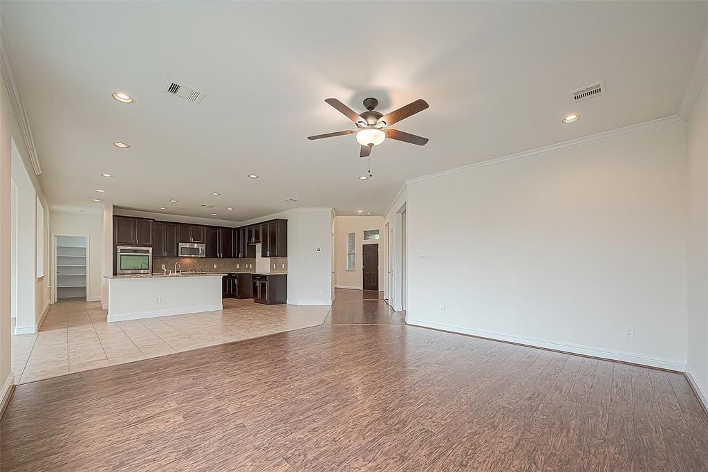 Empty room, Interior, Kitchen, Recessed Lighting, Wood Texture Flooring