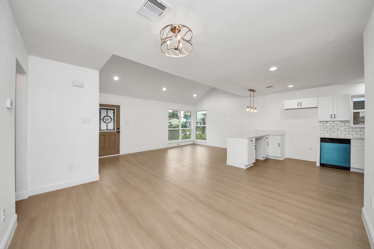 Empty room, Interior, Kitchen, Pendant Lights, Recessed Lighting, Wood Texture Flooring