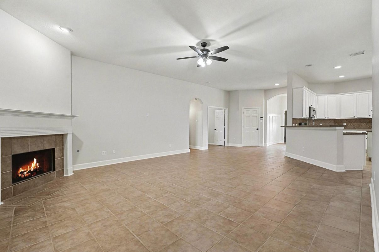 Empty room, Fireplace, Interior, Kitchen, Recessed Lighting