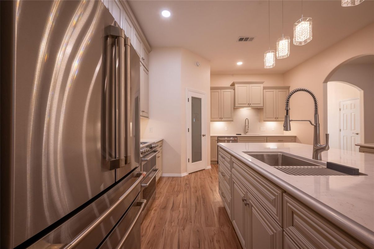 Interior, Kitchen, Pendant Lights, Recessed Lighting, Stainless Steel Appliances, Wood Texture Flooring