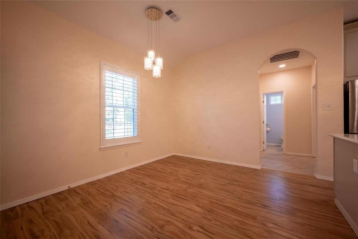 Empty room, Interior, Pendant Lights, Recessed Lighting, Wood Texture Flooring