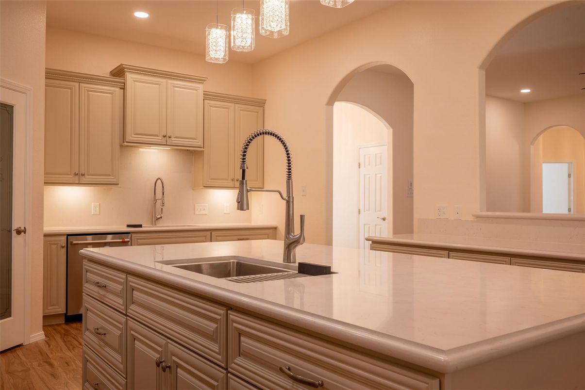 Interior, Kitchen, Pendant Lights, Recessed Lighting, Wood Texture Flooring