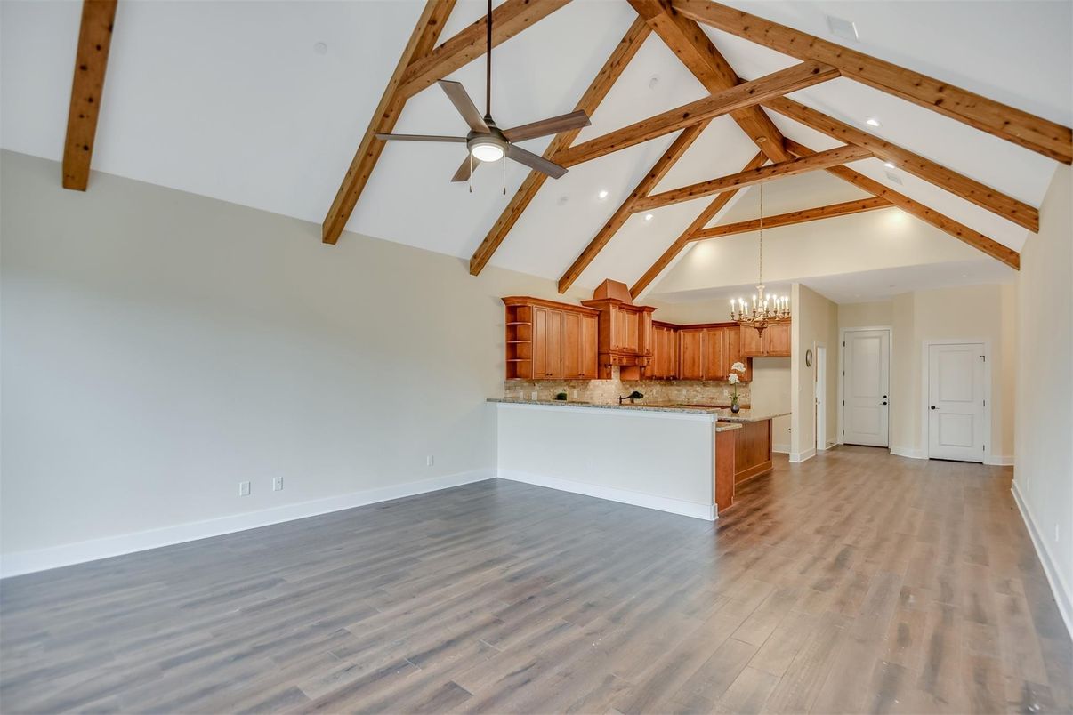 Chandelier, Empty room, Interior, Kitchen, Recessed Lighting, Wooden Beams, Wood Texture Flooring