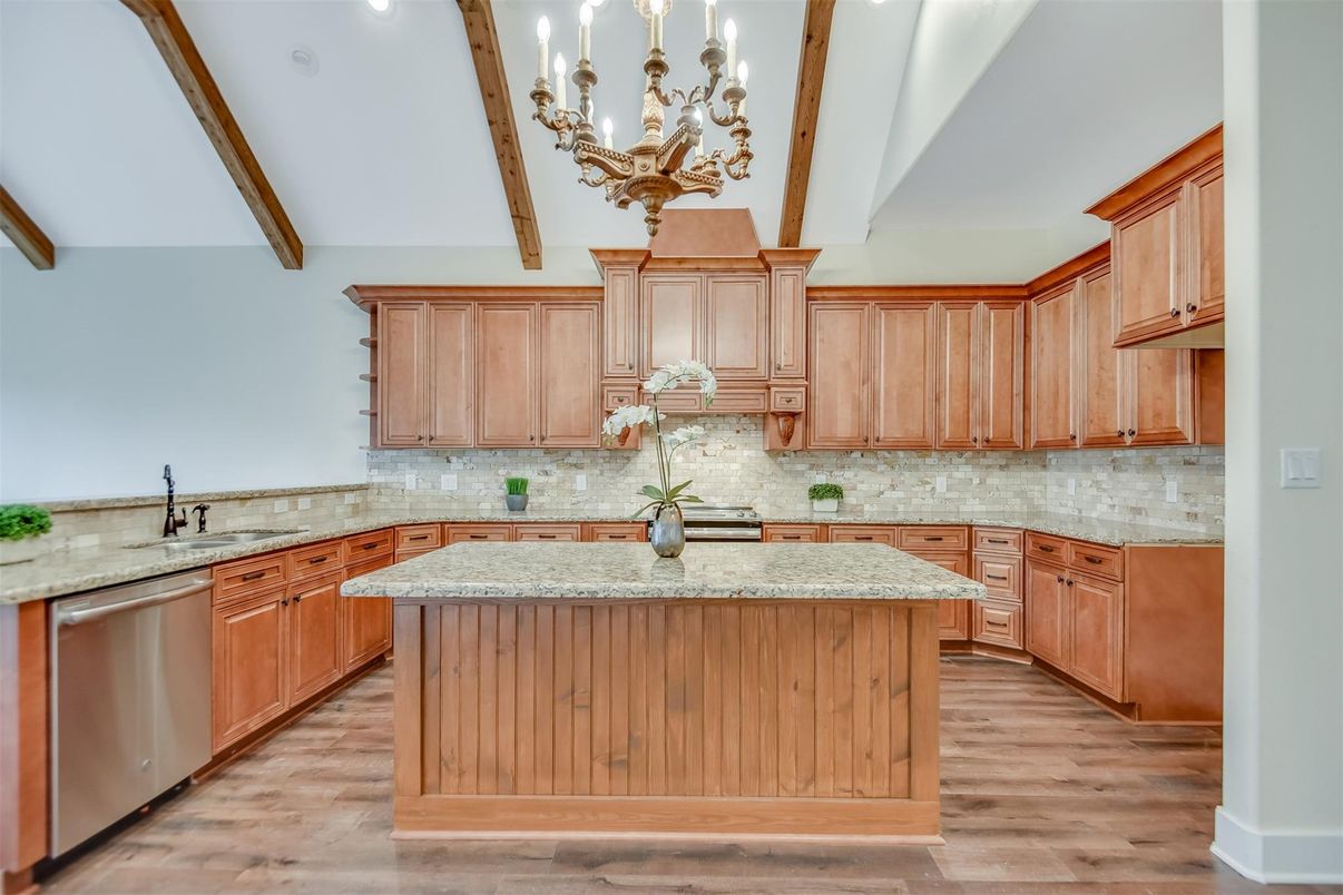 Chandelier, Interior, Kitchen, Recessed Lighting, Stainless Steel Appliances, Wooden Beams, Wood Texture Flooring