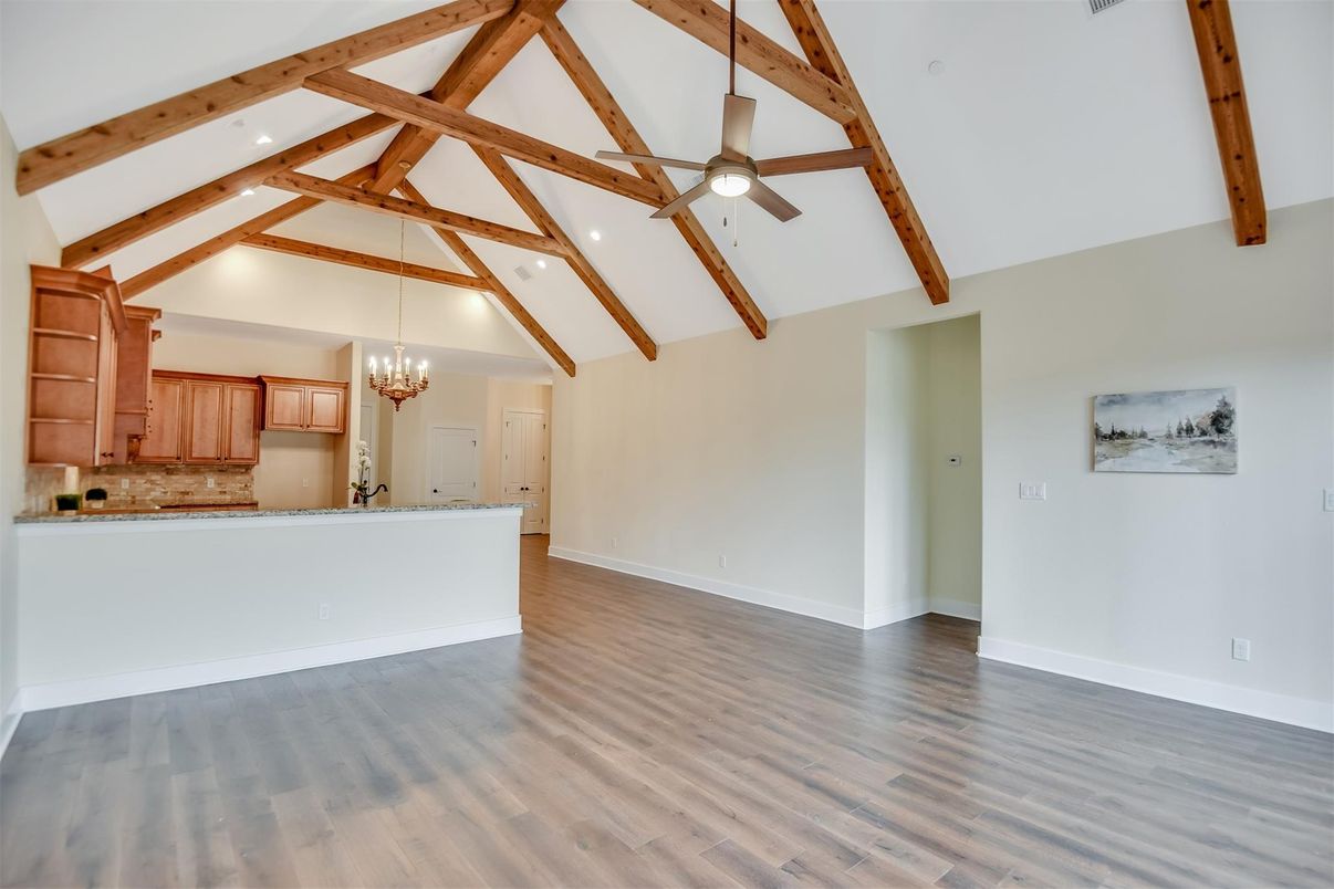 Chandelier, Empty room, Interior, Kitchen, Recessed Lighting, Wooden Beams, Wood Texture Flooring