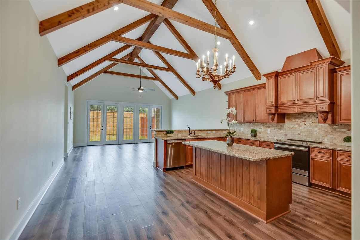 Chandelier, Interior, Kitchen, Pendant Lights, Recessed Lighting, Wooden Beams, Wood Texture Flooring