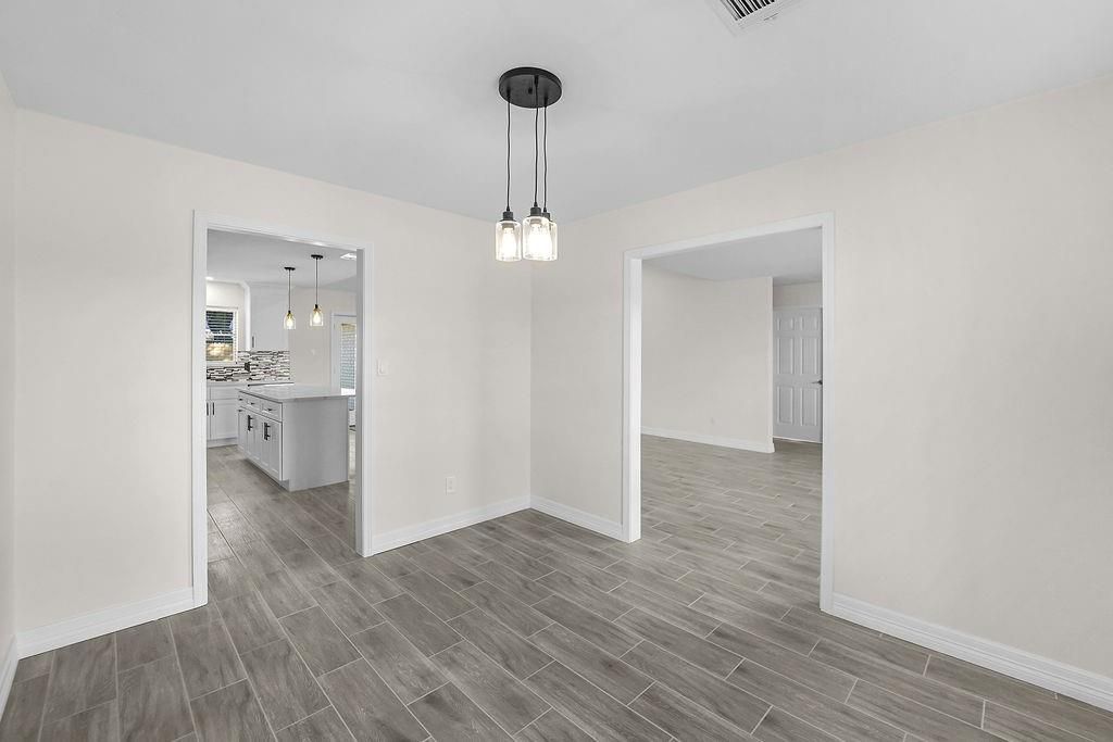 Empty room, Interior, Kitchen, Pendant Lights, Wood Texture Flooring