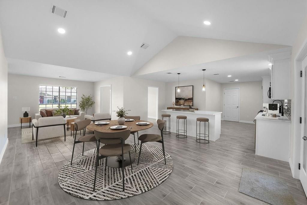 Dining room, Interior, Kitchen, Living room, Pendant Lights, Recessed Lighting, Wood Texture Flooring