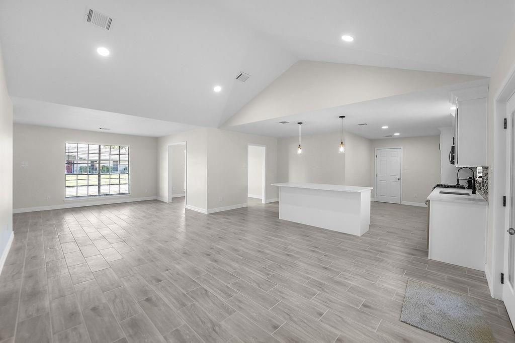 Empty room, Interior, Kitchen, Pendant Lights, Recessed Lighting, Wood Texture Flooring