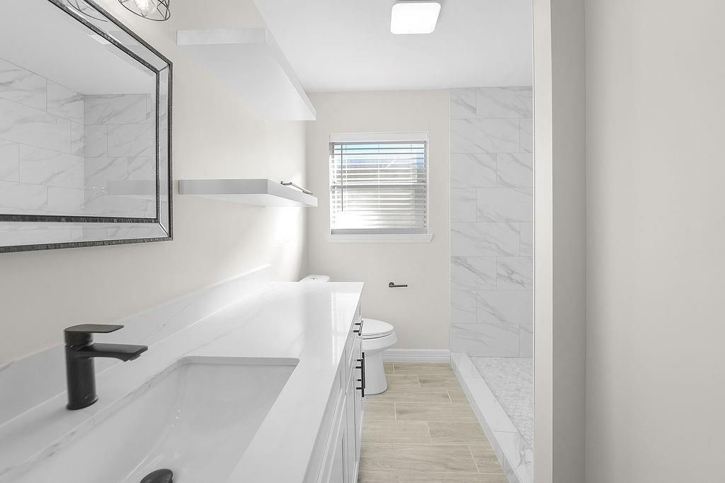 Bathroom, Interior, Marble Walls, Wood Texture Flooring