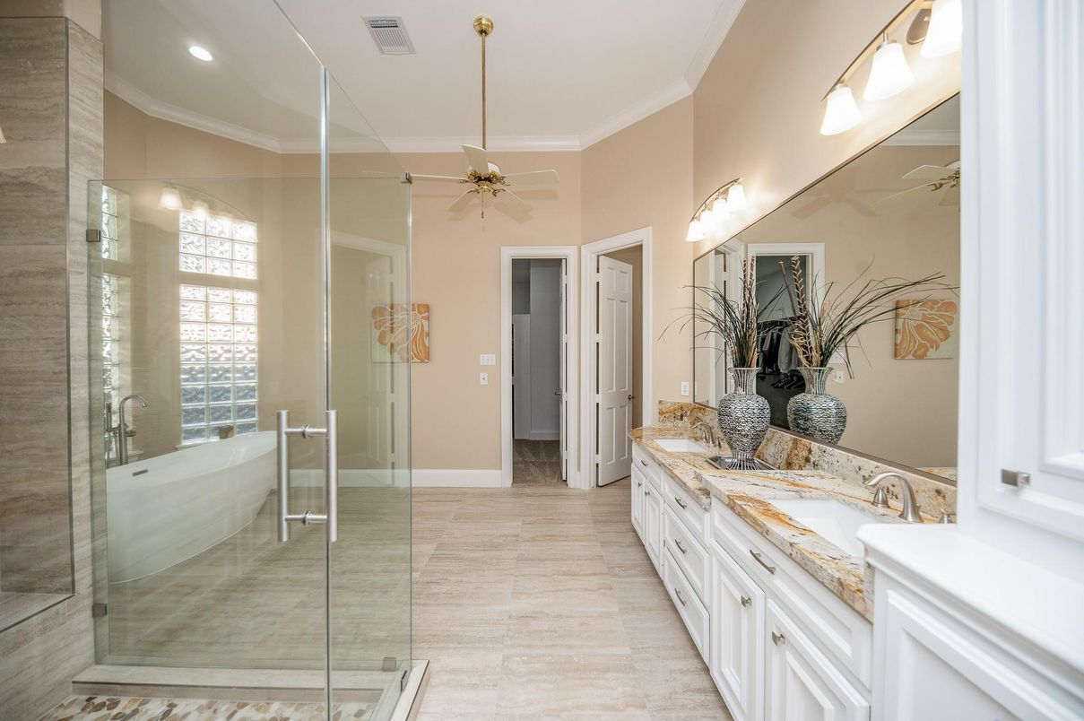 Bathroom, Dual Sink Vanities, Glass Shower, Interior, Recessed Lighting