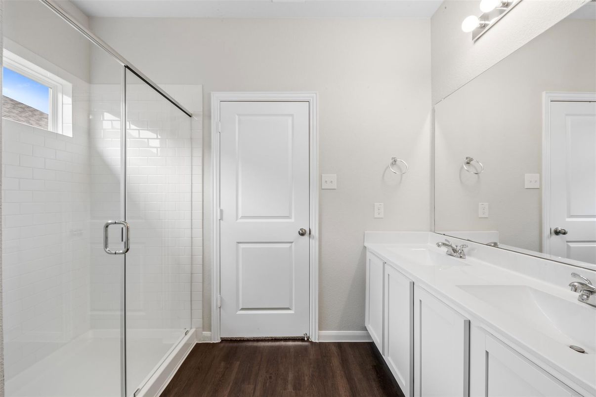 Bathroom, Dual Sink Vanities, Glass Shower, Interior, Wood Texture Flooring